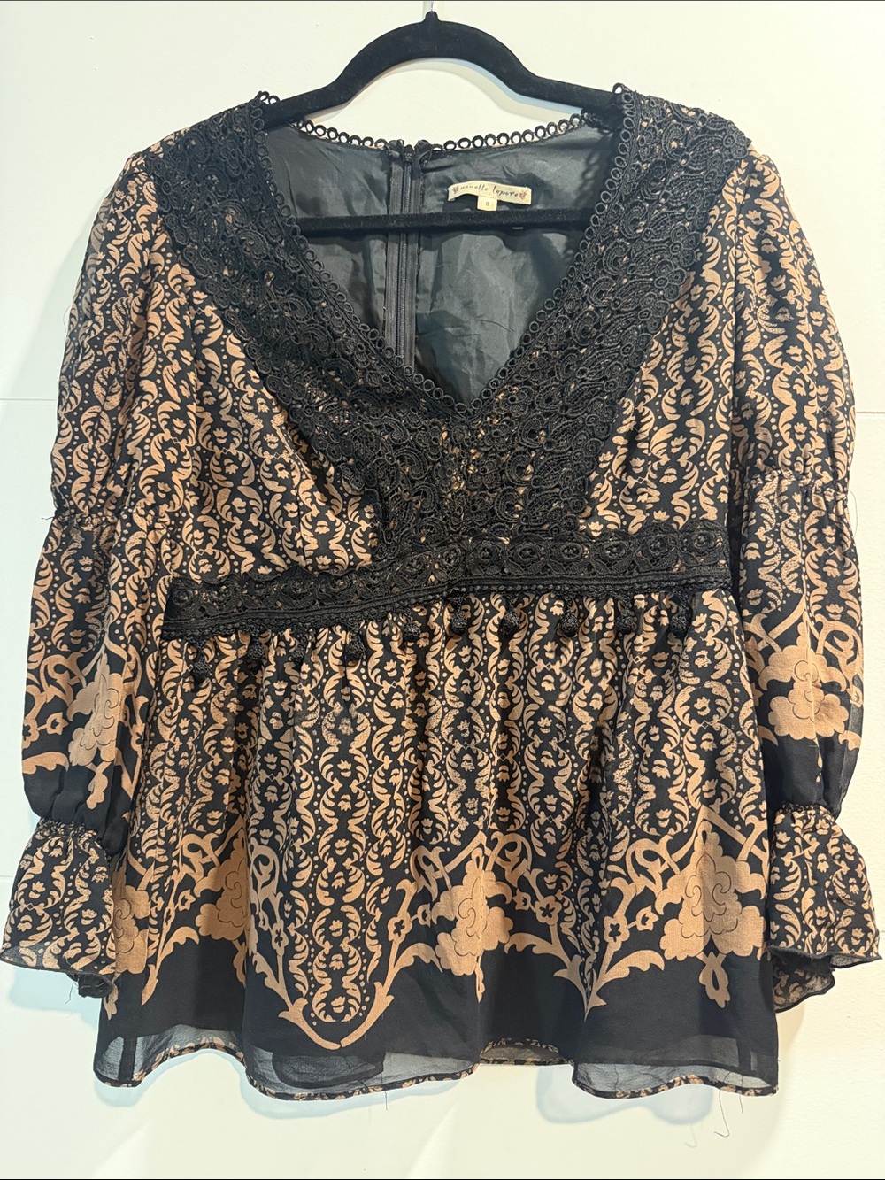 Nanette Lepore Black and Tan Lace-Trim Printed V-Neck Tunic